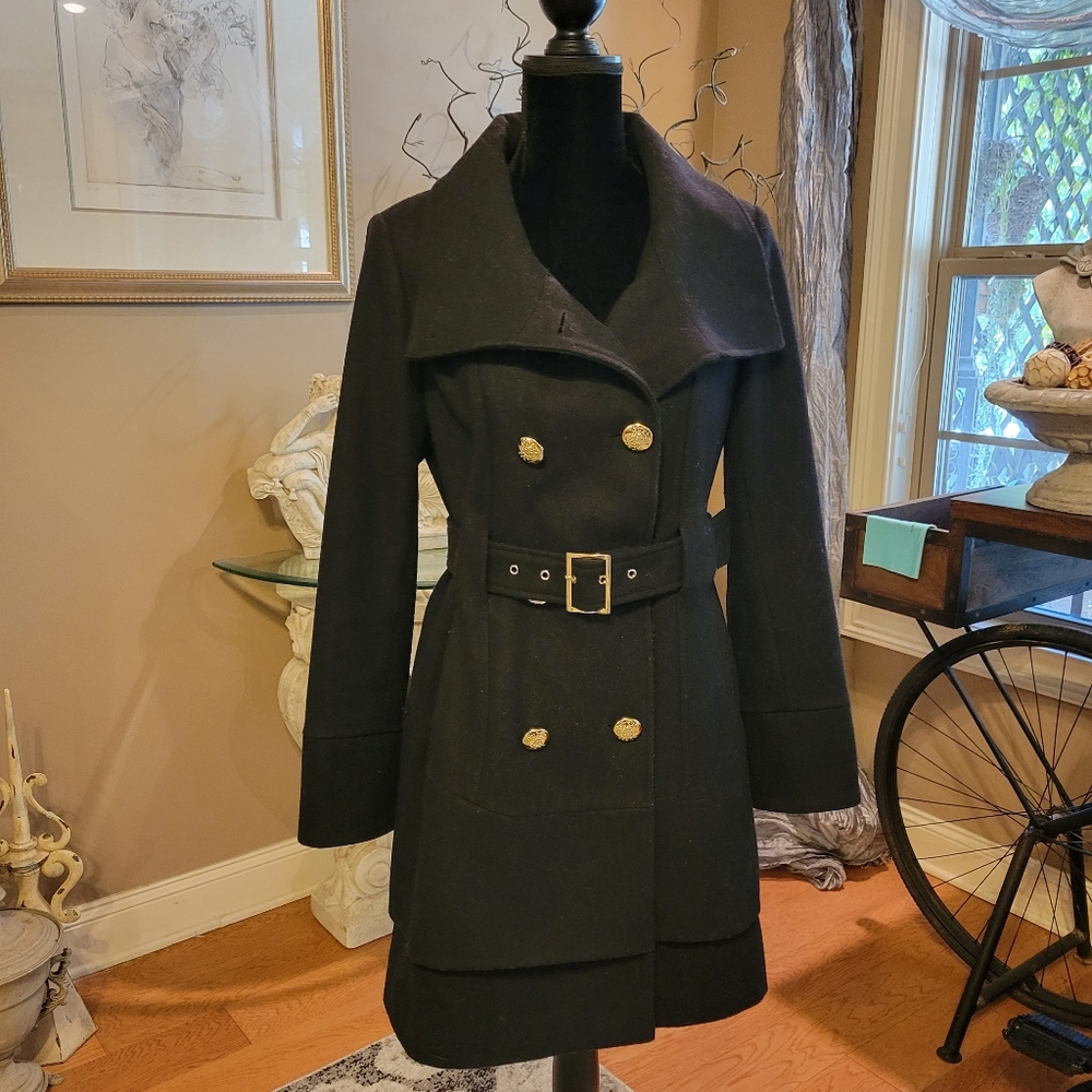 Guess Wool Blend Skirted Bottom Belted Pea Coat Desogner Warm Winter
